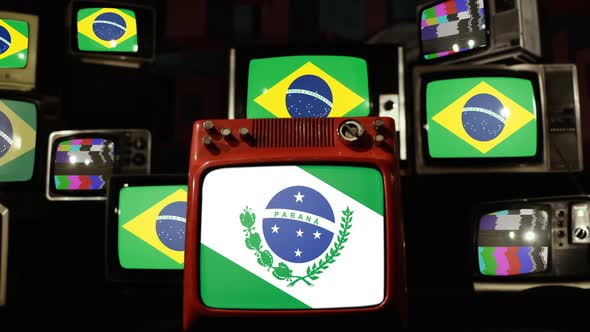 Flag of State of Parana and Brazil Flags on Retro TVs.