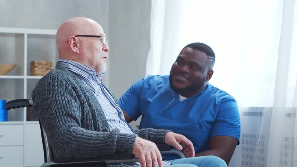 African-American caregiver and old disabled man in a wheelchair. Nurse and handicapped patient.