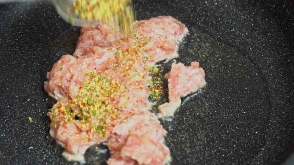 Adding spices to minced meat. Minced meat is fried in a frying pan. Cooking