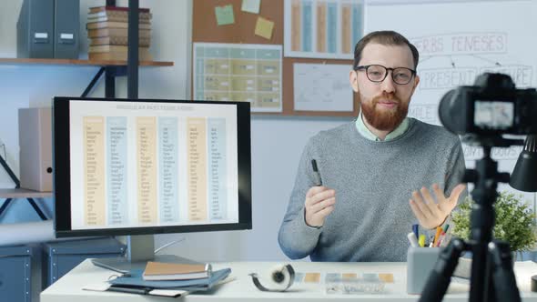 Influencer Teaching English Online Recording Online Lesson with Video Camera in Classroom alt