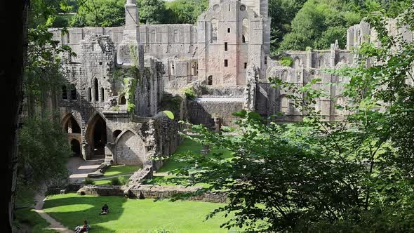 High view of the ruined Cistercian monastery, Fountains Abby in North Yorkshire UK