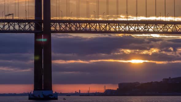 Lisbon City Sunrise with April 25 Bridge Night To Day Timelapse