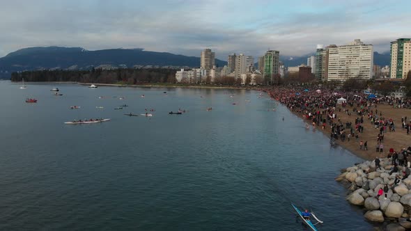 Various drone shots at English Bay near downtown Vancouver, BC during Polar Bear 2019 event