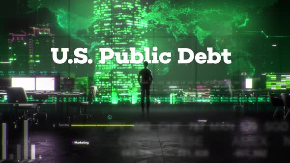 Finance Businessman in Office With U-S- Public Debt Text