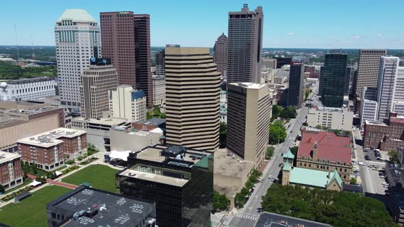 Columbus Ohio downtown, skyline viewed from the south.  Aerial Drone.