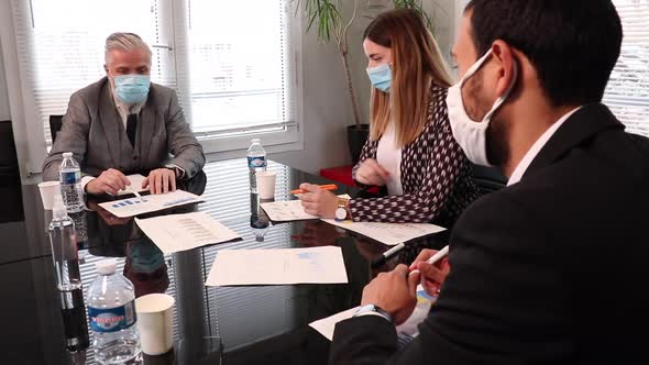 Business People Wear Face Mask Meeting In Office Avoid Coronavirus Covid-19