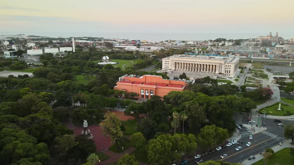 Aerial flying towards the National Museum of Fine Arts in Buenos Aires at dusk