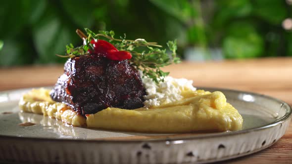 Cornmeal Porridge with Grilled Meat and Cottage Cheese.