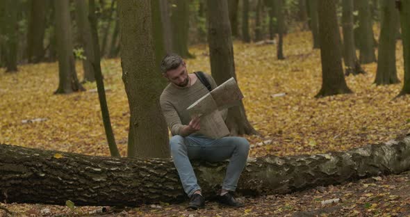 Adult Caucasian Gray-haired Man Sitting on the Trunk in the Autumn Forest and Looking at the Map