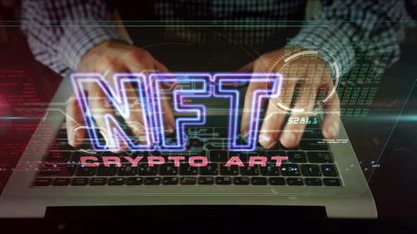 NFT crypto art symbol with man typing on the computer