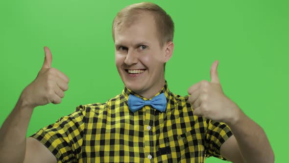 Caucasian Fashionable Man Show Thumbs Up, Guy in Yellow Shirt, Chroma Key