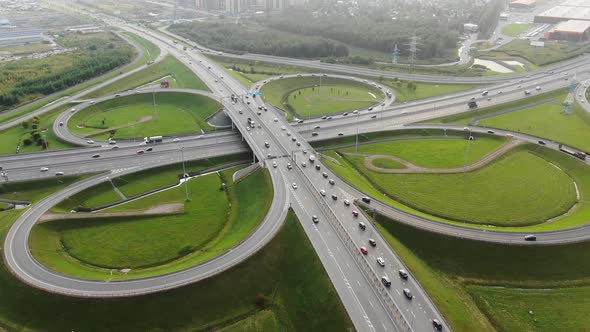 Large Multilevel Autobahn Traffic Intersection Among Meadows