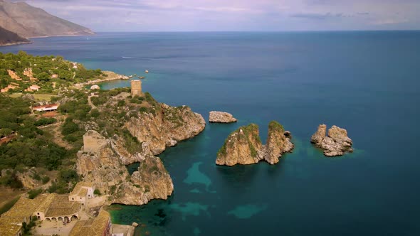 Scopello Coast Sicily Italy on a Cloudy Day Aerial View at the House and the Coast of Sicily