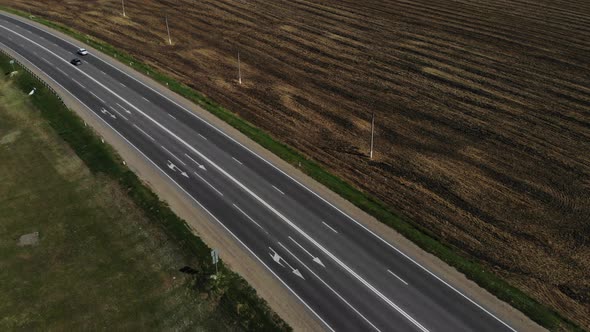 Aerial view of the highway. Flying over the highway.