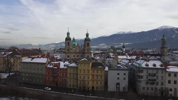 Aerial view of Inn River and buildings, Innsbruck