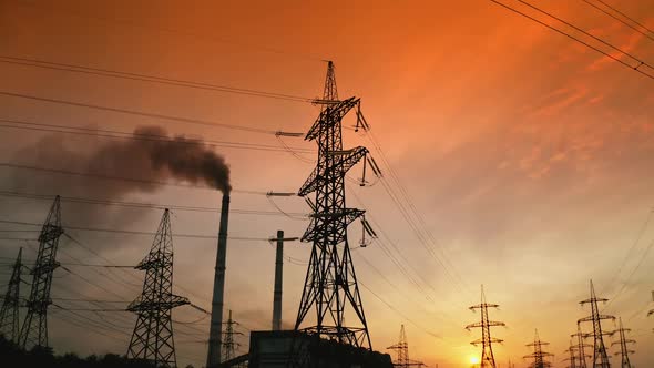 High voltage electric line during sunset