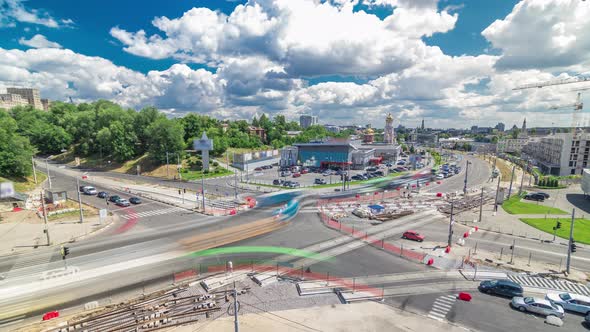 Aerial View of a Large City Intersection with Road Construction Site Urban Works Timelapse