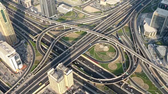 Aerial hyperlapse of big crossroad in Dubai, United Arab Emirates.