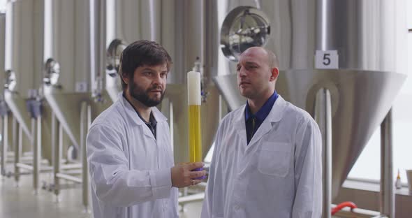 Two Men Testing Quality of Fresh Beer in a Brewery