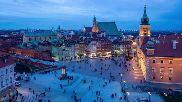 Timelapse of Aerial View of Castle Square of Old Town During Blue Hour, Warsaw, Poland