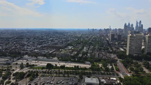 Philadelphia Skyscraper Skylines Building Along River in City Downtown of Philadelphia in PA USA.