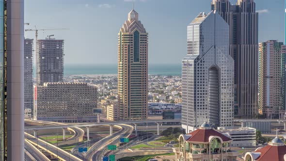 Aerial View of Skyscrapers and Road Junction in Dubai Timelapse