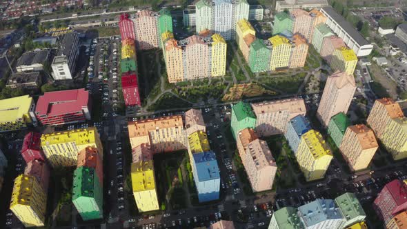 Top view of the colorful modern buildings, aerial footage from the drone 