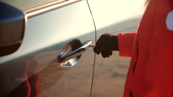 Girl Opening Automobile With Key And Sitting In Salon And Closing Door Before Weekend Travel.