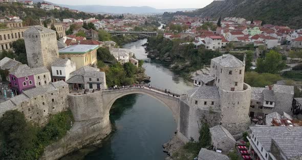 Aerial footage of Stari Most bridge in Mostar, Bosnia and Herzegovina.