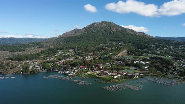 Drone fly around volcano and lake Bali Indonesia