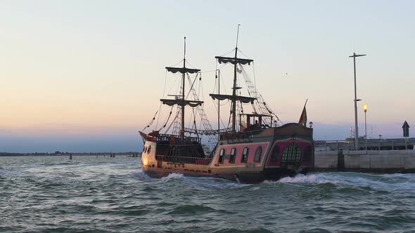 Majestic Medieval Ship Gracefully Sailing Open Sea, Vintage Transport