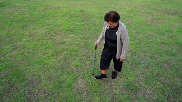 slow-moiton of senior woman walking with walking stick in the grass field
