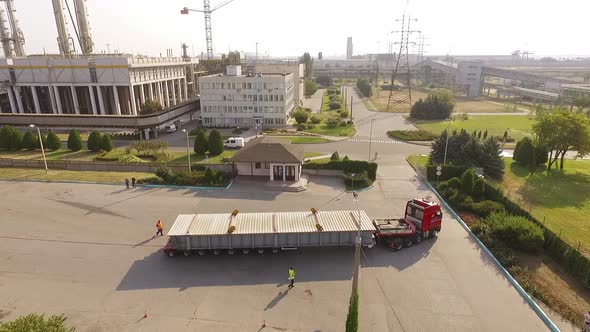 Ukraine  May 2016 Aerial View of Oversized Cargo Truck Near Chemical Plant