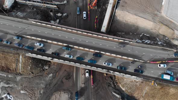 Aerial View Of Traffic Jam On Highway Under Construction