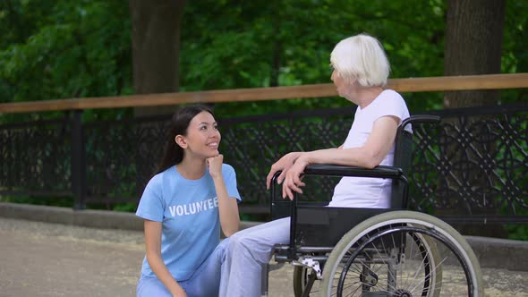 Happy Volunteer Listening to Senior Woman Sitting Wheelchair, Old People Care