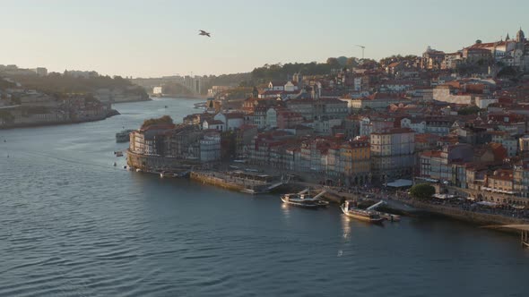 Panoramic View of Old Porto Oporto City and Ribeira Over Douro River From Vila Nova De Gaia Portugal