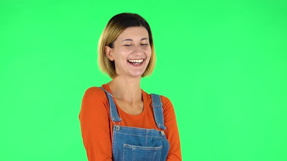 Girl with Wow Face Expression and Tender Smiling. Green Screen