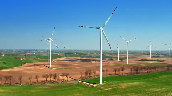 Aerial view of big wind turbines in spring, Poland alt
