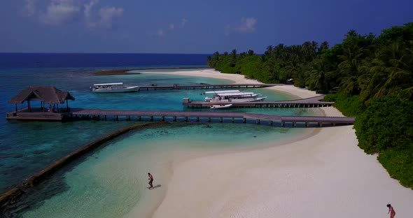 Luxury flying copy space shot of a white sand paradise beach and aqua blue water background in vibra