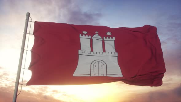 Hamburg Flag Germany Waving in the Wind Sky and Sun Background