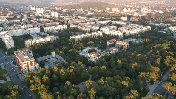 Parks and streets lined with evergreen trees in a sustainable eco city - green urbanism