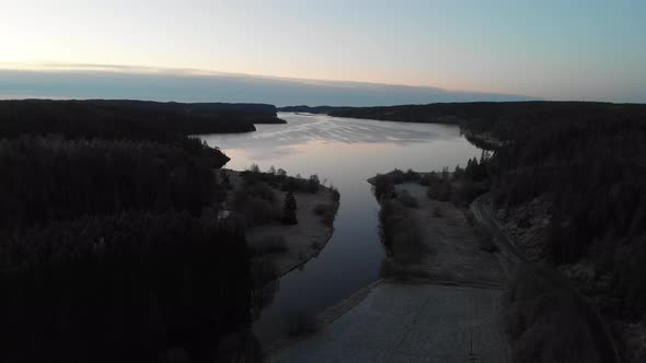 Aerial View Lake Inlet Frozen Early Morning