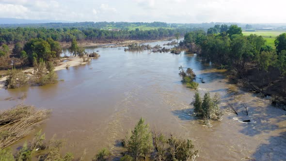 Drone aerial footage of flooding in the Nepean river in the Hawkesbury region in Australia