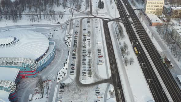 Top View in Winter of a Modern Sports Complex with Parking in Minsk and Prospekt