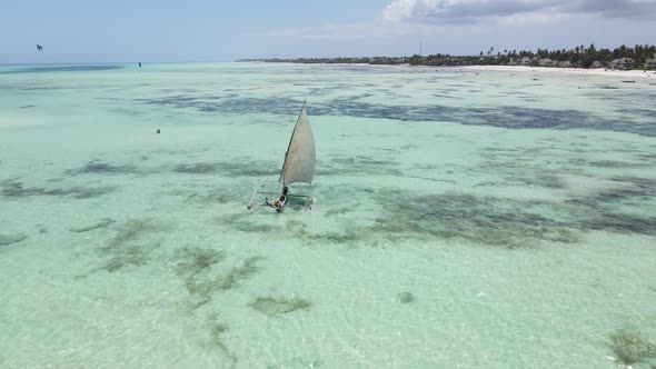 Aerial View of a Boat in the Ocean Near the Coast of Zanzibar Tanzania