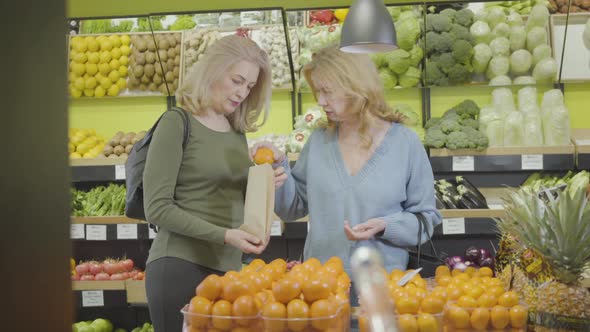 Two Adult Caucasian Housewives Picking Tangerines in Grocery. Serious Senior Women Putting Fruits