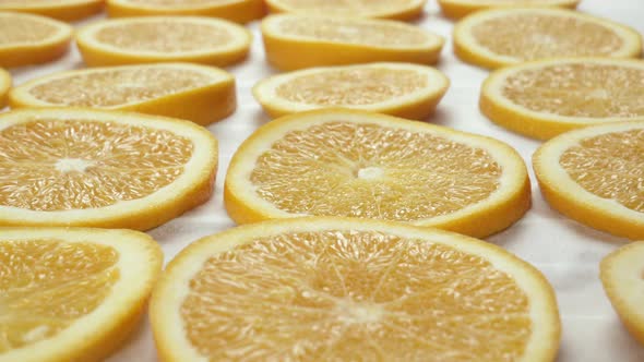 Fresh Orange Slices on Baking Paper. Close Up. Slider Push-in Movement 