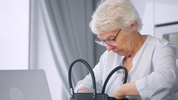 Aged grey haired businesswoman rummages in black leather handbag