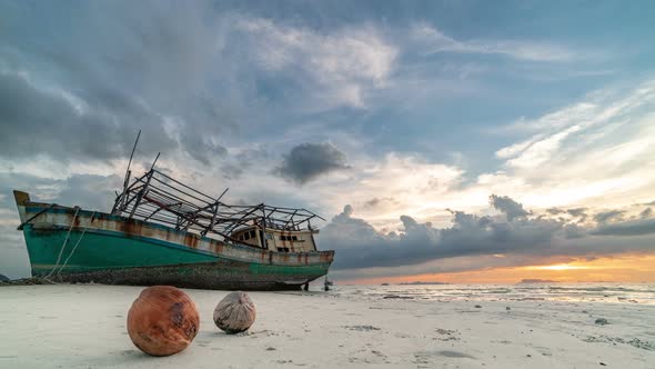 Old Wooden Fishing Boat Dries Ashore Sea at Sunset