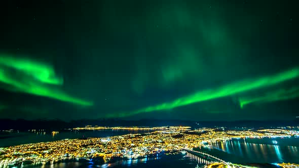 Northern Lights over Tromso city, Norway - time-lapse from Fjellheisen viewpoint